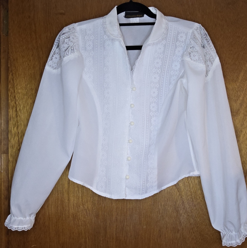 VTG Womens Victorian Western White Lace Long Sleeve Blouse SZ M